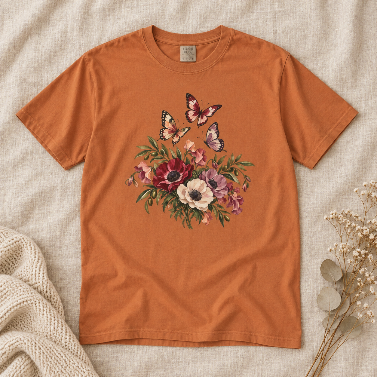 Anemone & Butterfly Bouquet T-Shirt — Garment-Dyed Cotton