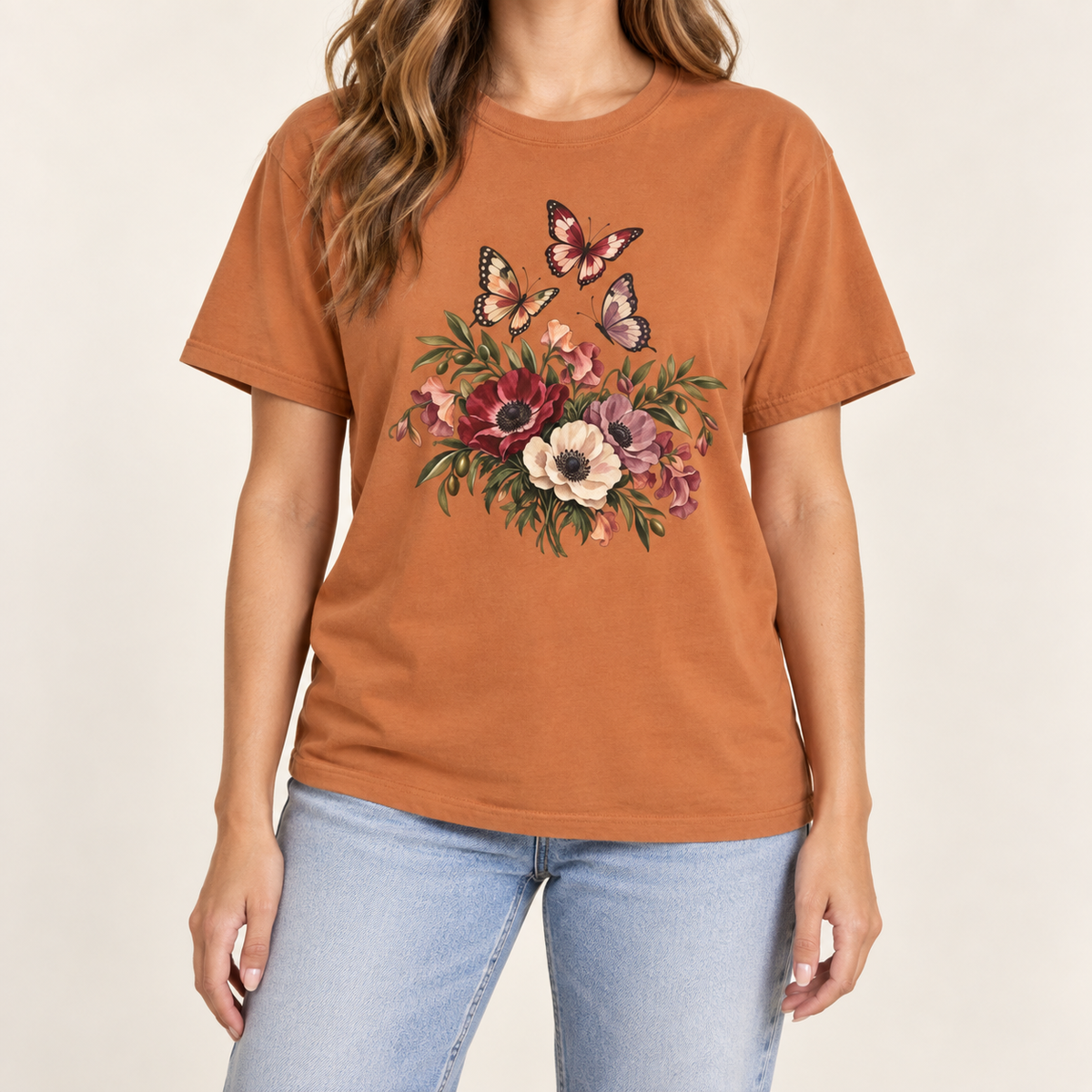 Anemone & Butterfly Bouquet T-Shirt — Garment-Dyed Cotton