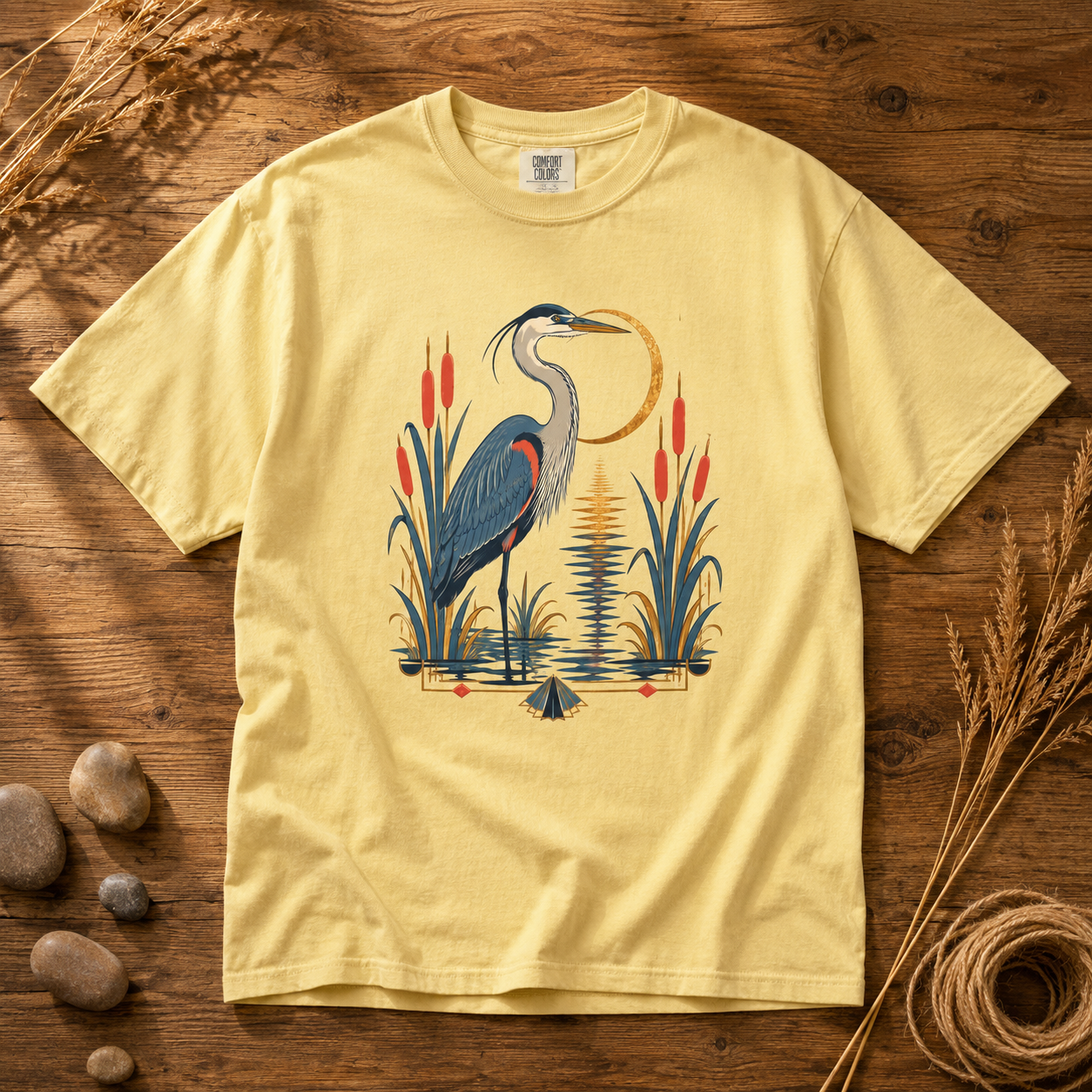 Art Deco Heron Bird T-Shirt — Garment-Dyed Cotton