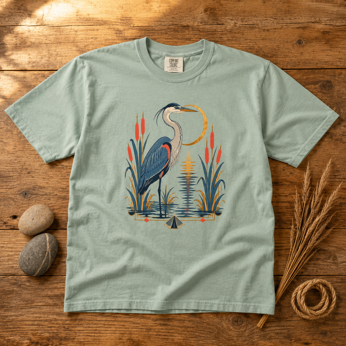 Art Deco Heron Bird T-Shirt — Garment-Dyed Cotton