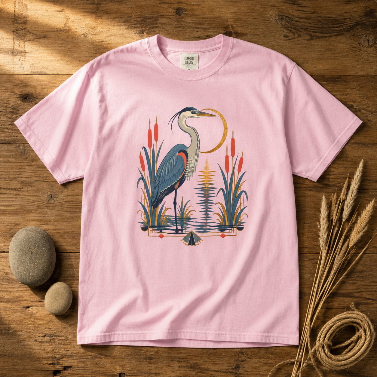 Art Deco Heron Bird T-Shirt — Garment-Dyed Cotton