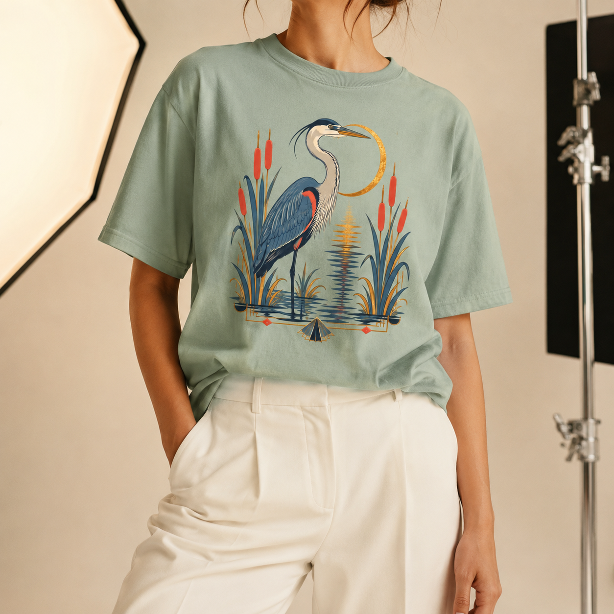 Art Deco Heron Bird T-Shirt — Garment-Dyed Cotton