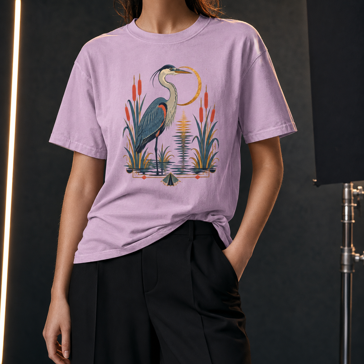 Art Deco Heron Bird T-Shirt — Garment-Dyed Cotton