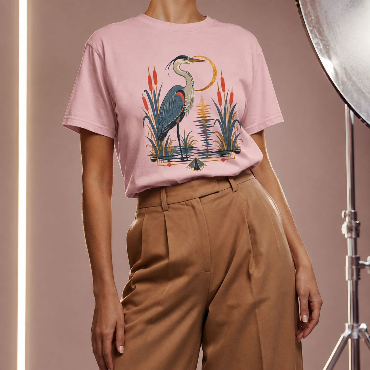 Art Deco Heron Bird T-Shirt — Garment-Dyed Cotton