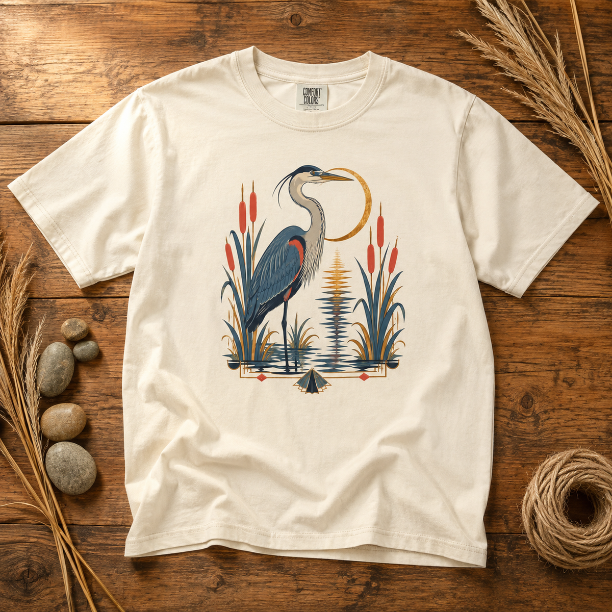 Art Deco Heron Bird T-Shirt — Garment-Dyed Cotton