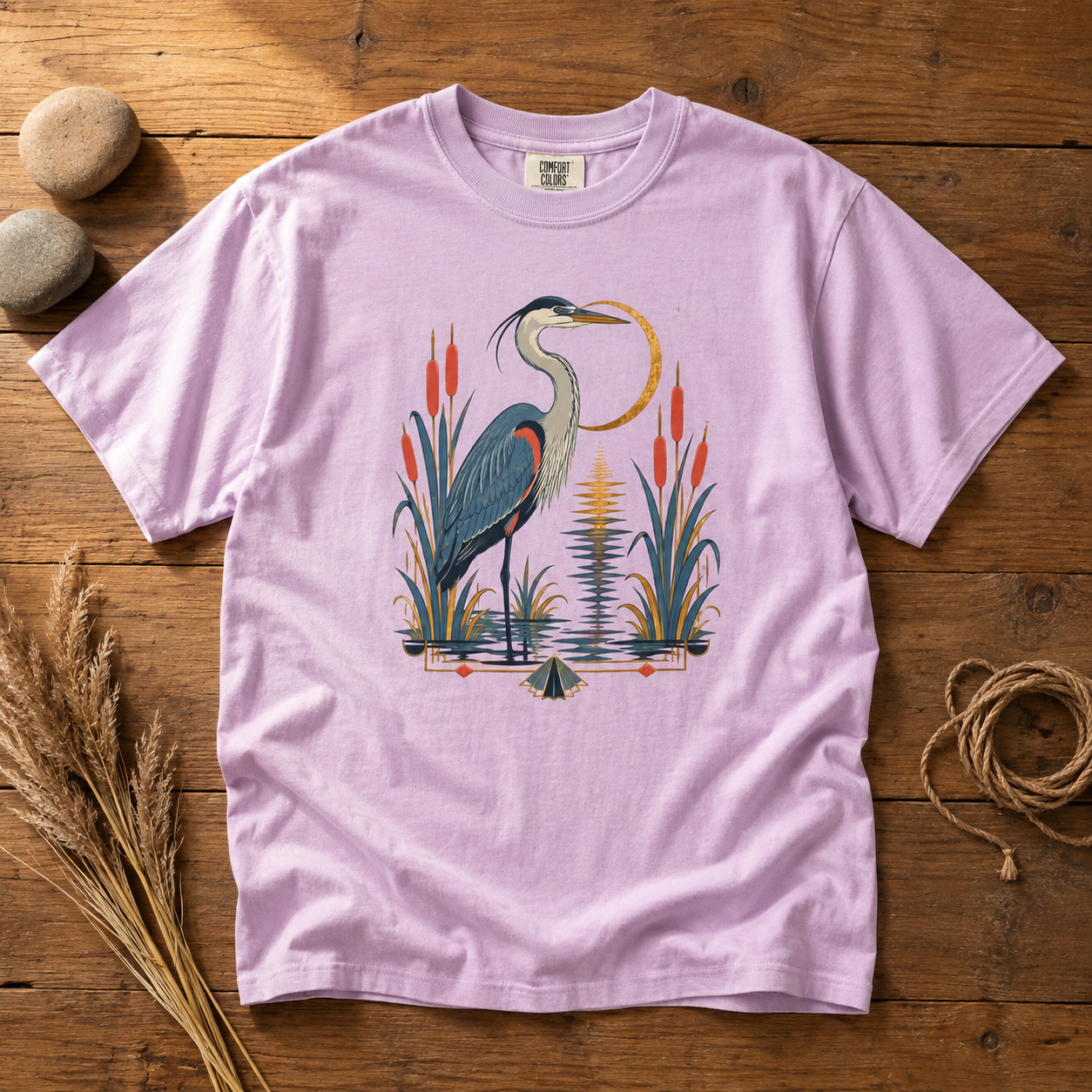 Art Deco Heron Bird T-Shirt — Garment-Dyed Cotton