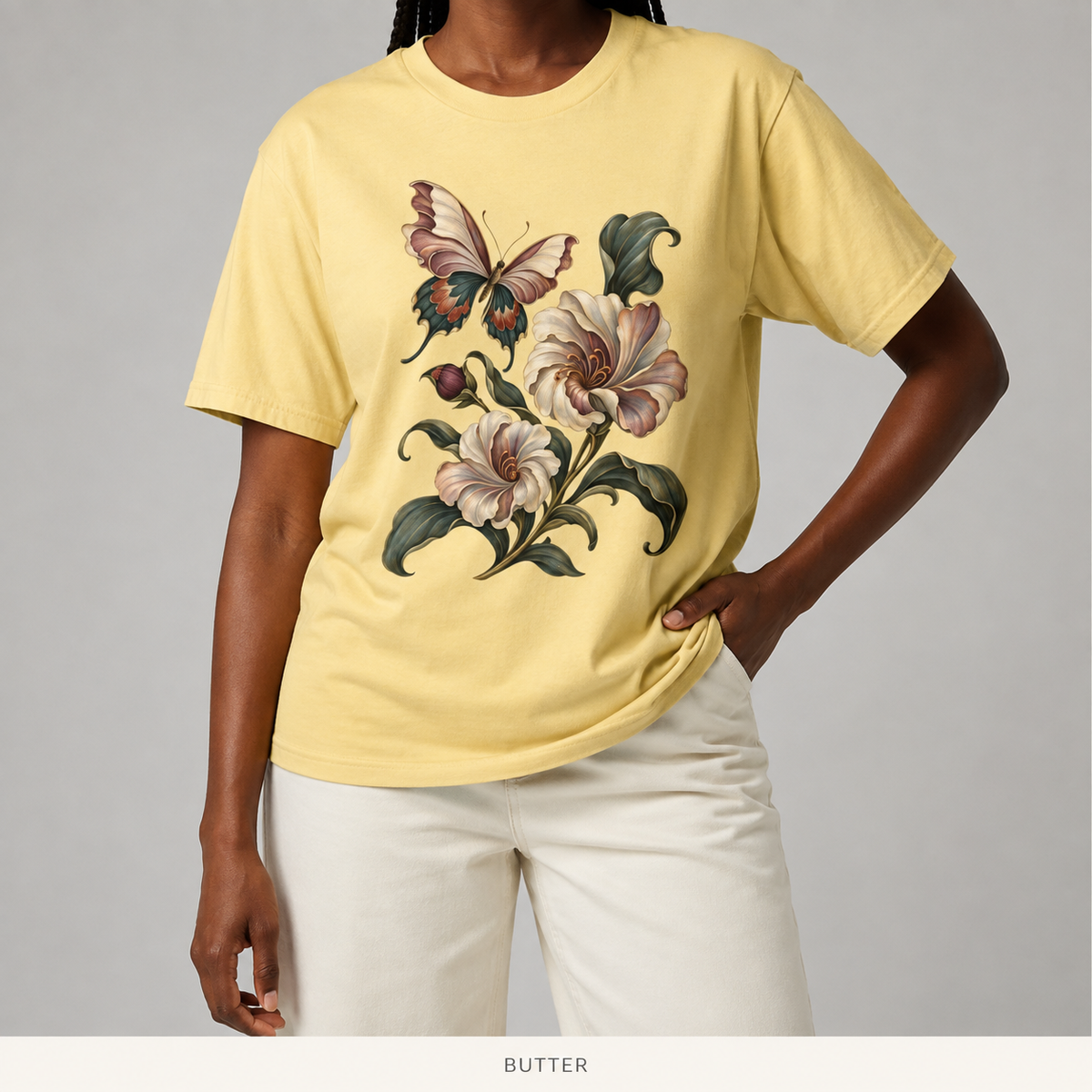 Art Nouveau Butterfly Blooms T-Shirt — Garment-Dyed Cotton