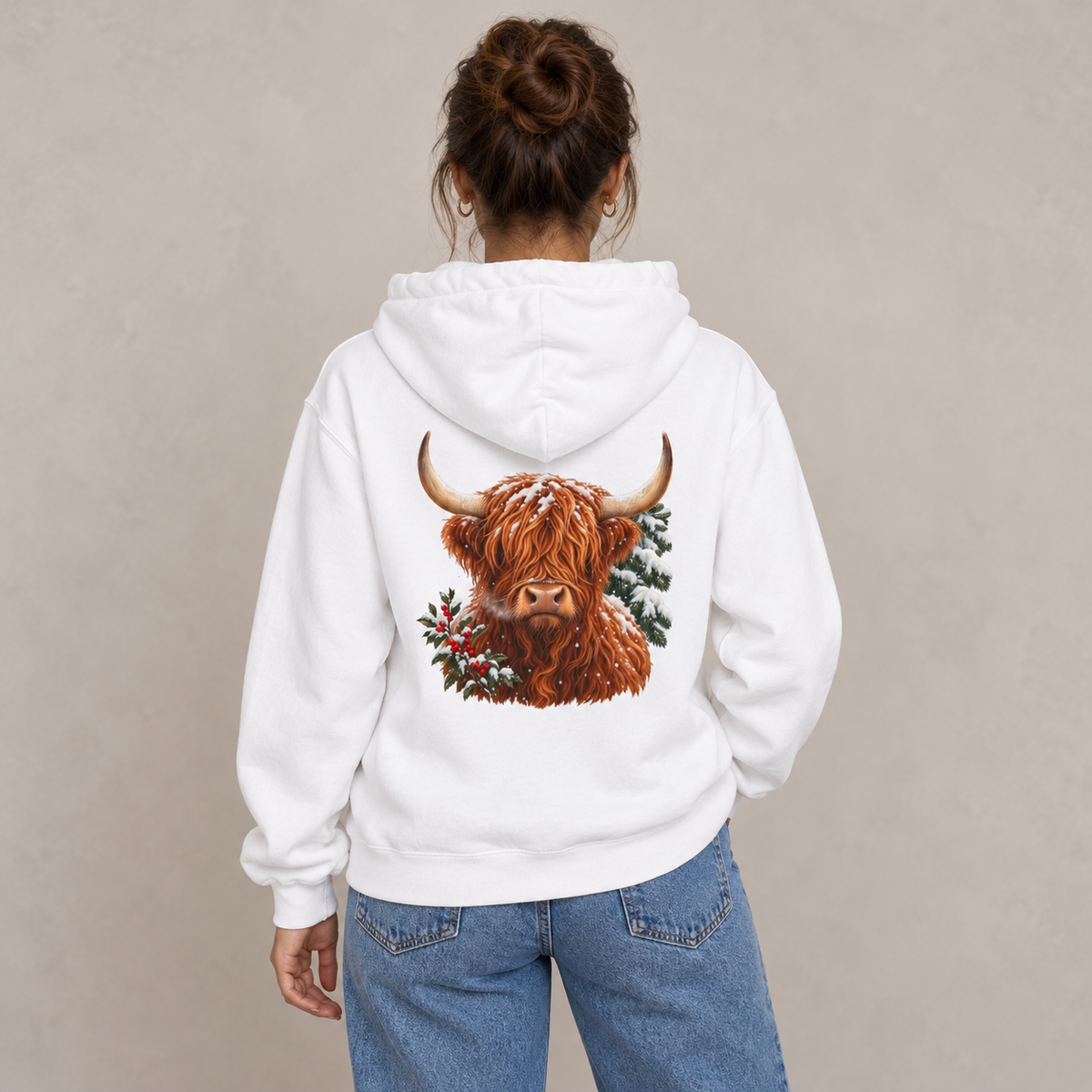 Winter Highland Cow hoodie in White worn, back view with the snowy highland cow portrait