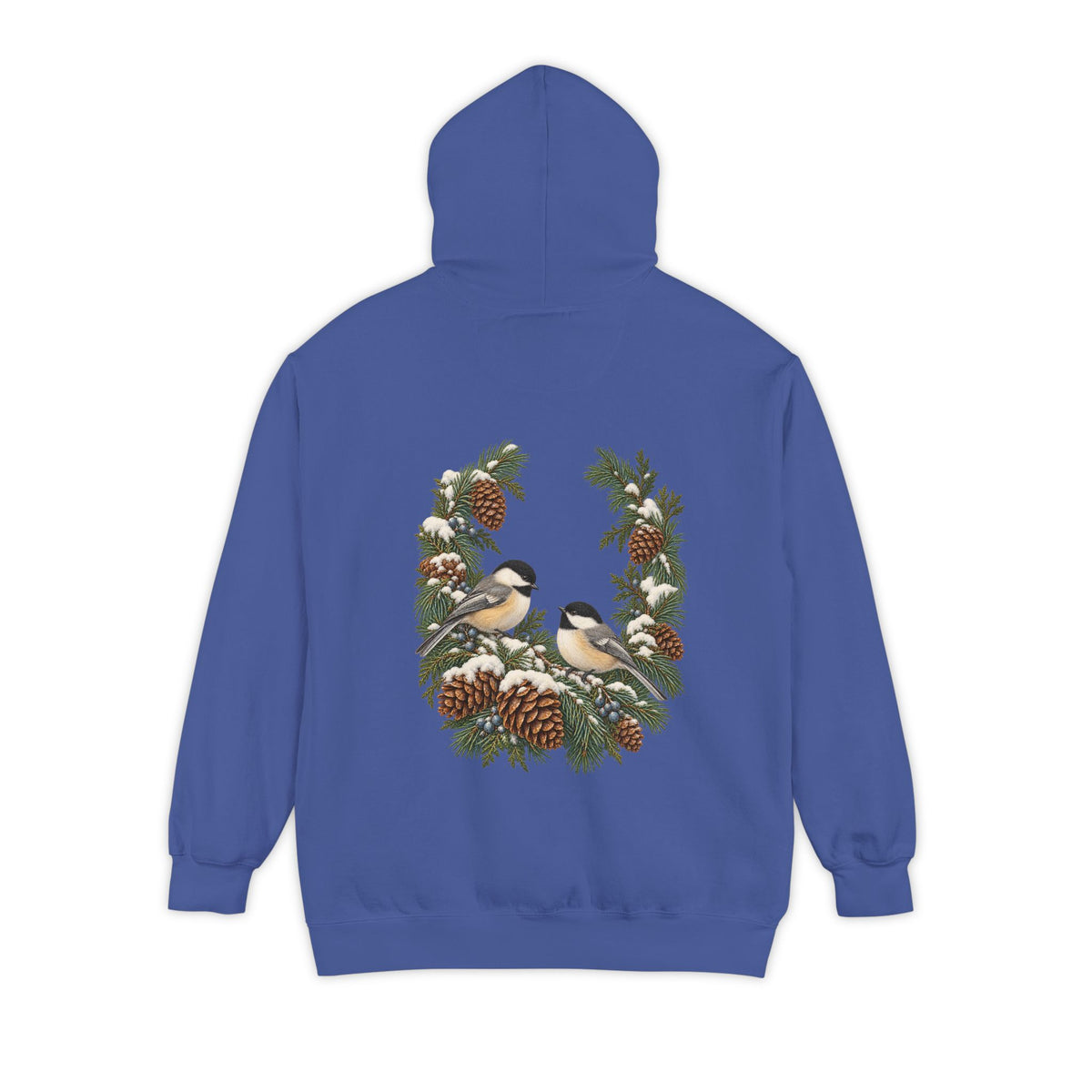 Winter Chickadee hoodie in Flo Blue, back print of the chickadee and pinecone wreath