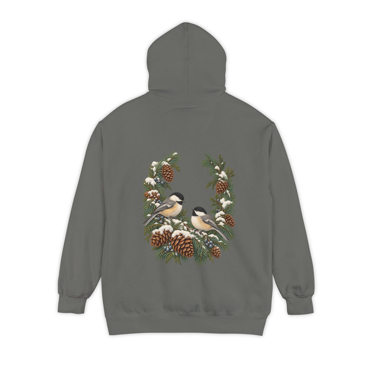 Winter Chickadee hoodie in Grey, back print of the chickadee and pinecone wreath