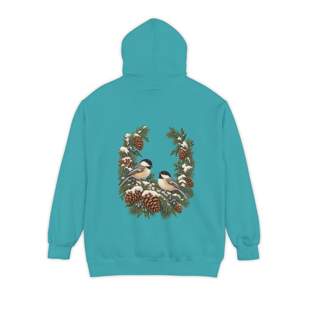Winter Chickadee hoodie in Seafoam, back print of the chickadee and pinecone wreath