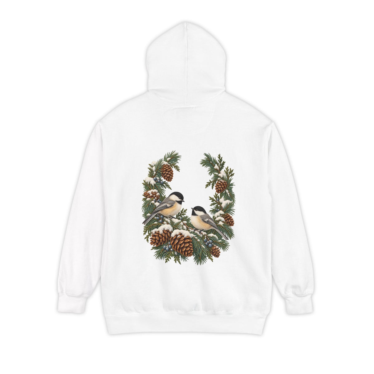 Winter Chickadee hoodie in White, back print of the chickadee and pinecone wreath