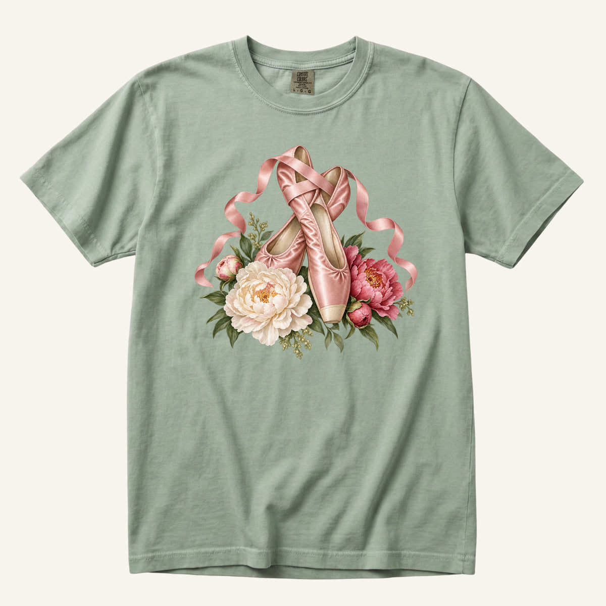 Ballet Pointe Shoes & Peonies T-Shirt in Bay — botanical ballet tee for dancers and dance teachers