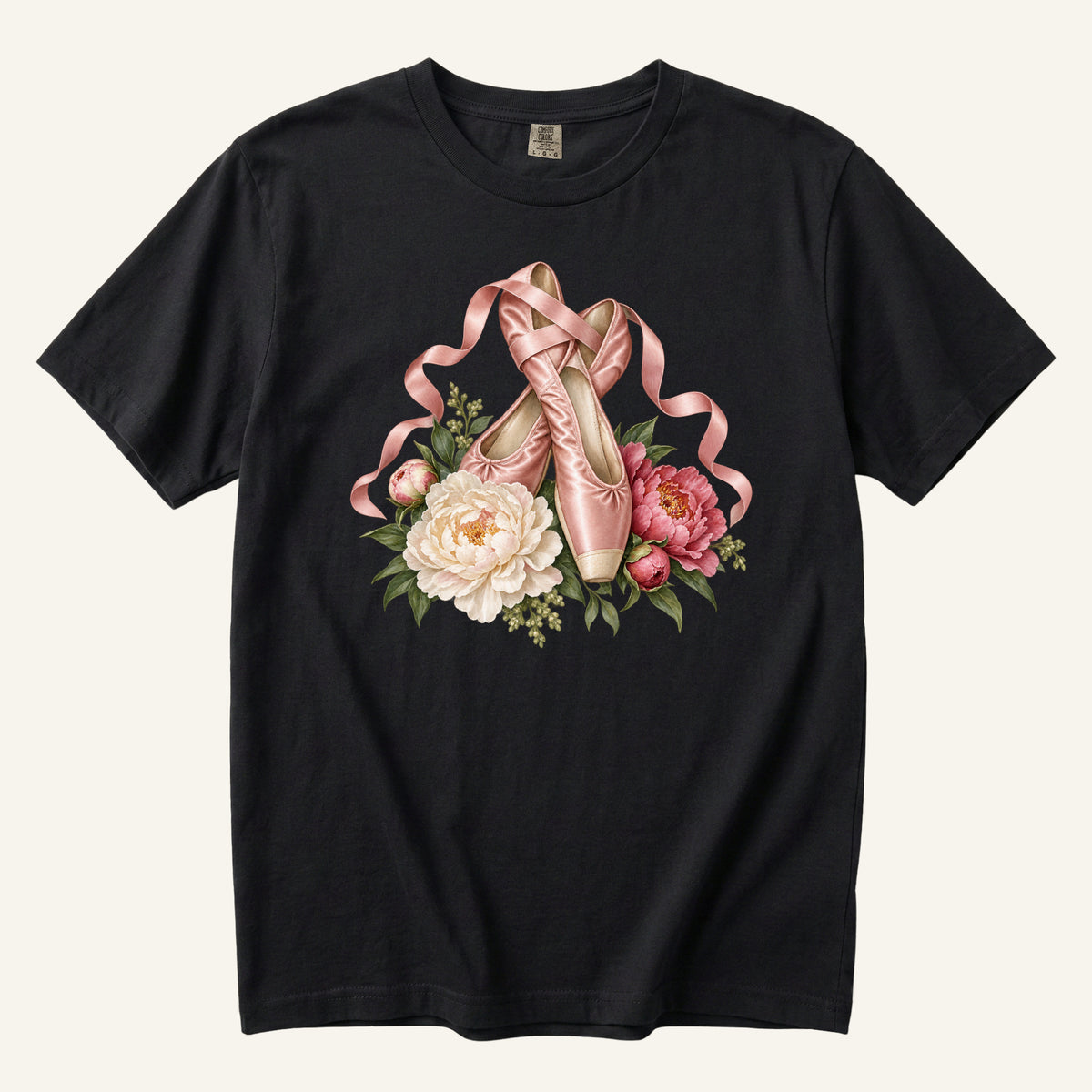 Ballet Pointe Shoes & Peonies T-Shirt in Black — pink pointe shoes with satin ribbons and cream peonies
