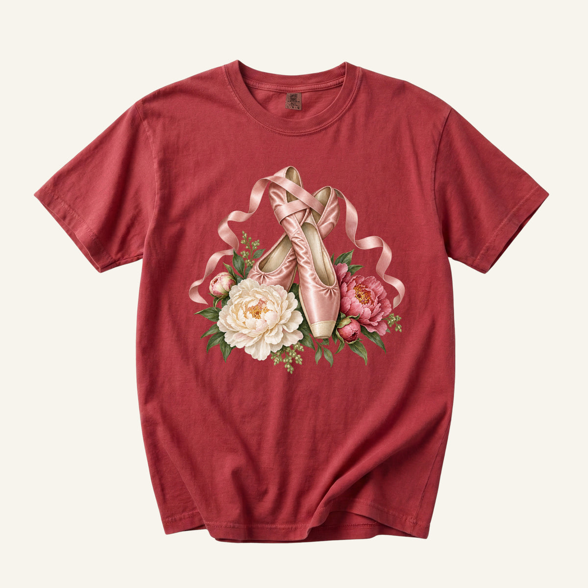 Ballet Pointe Shoes & Peonies T-Shirt in Chili — pointe shoes and ribbons, made to order in the USA