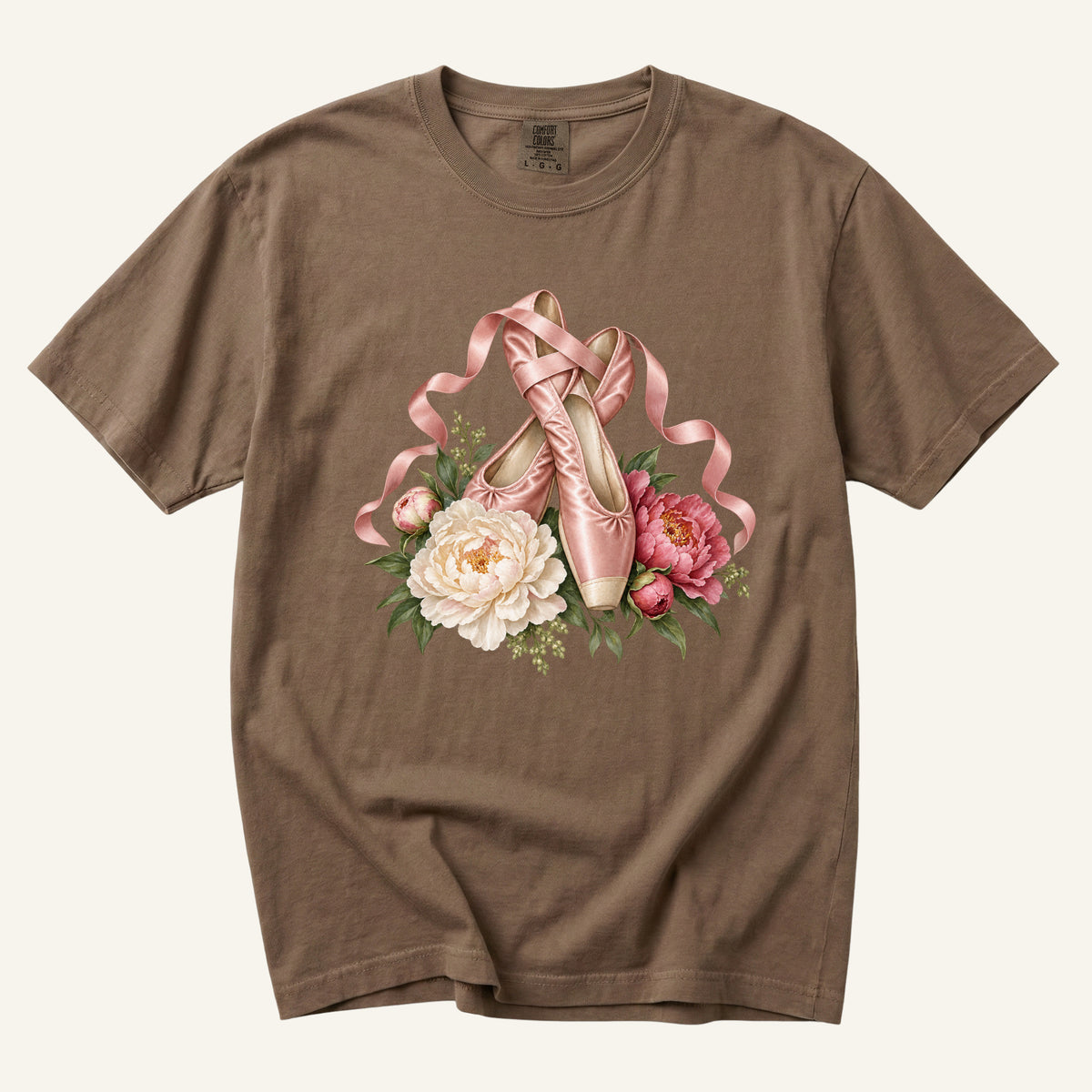 Ballet Pointe Shoes & Peonies T-Shirt in Espresso — warm vintage ballet artwork on garment-dyed cotton