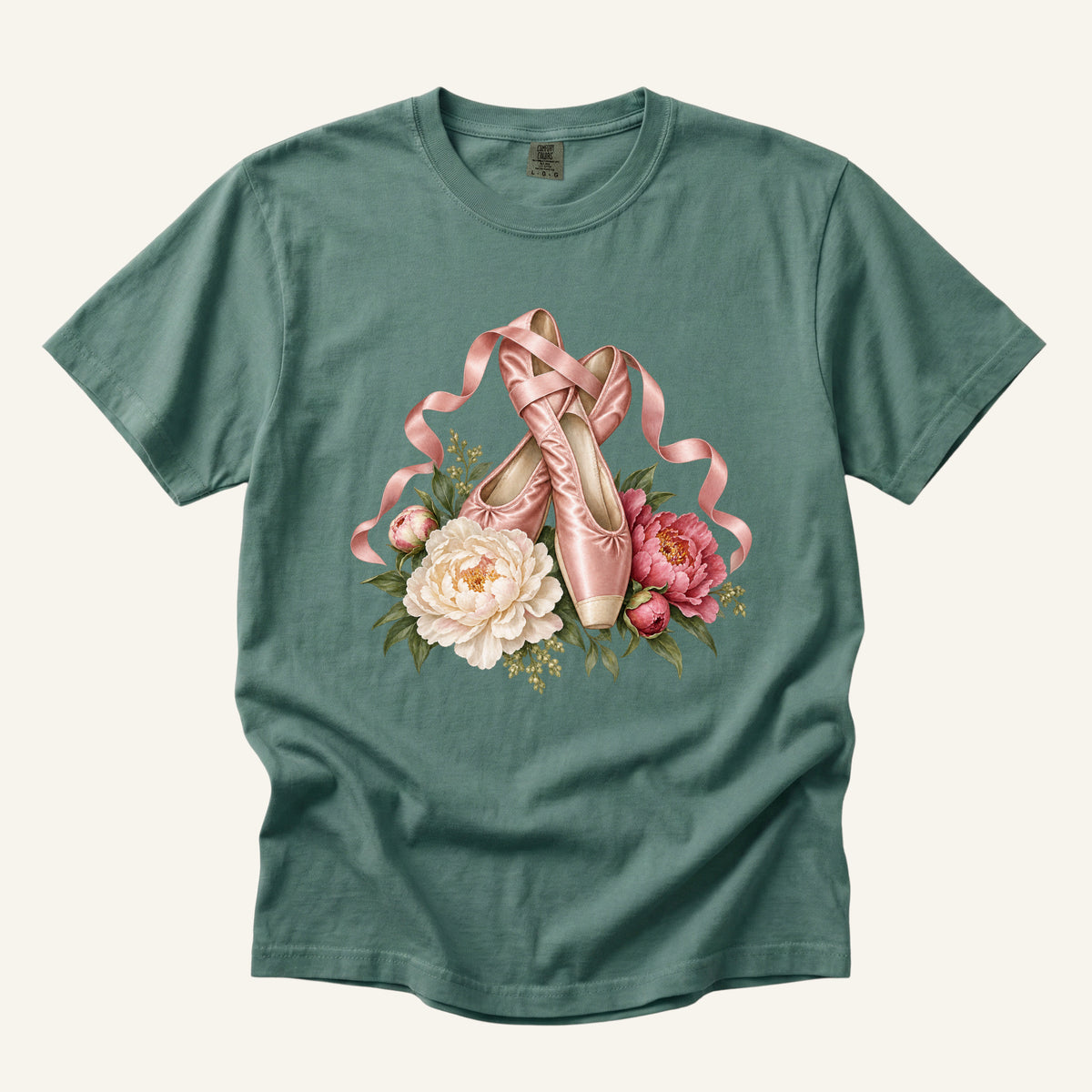 Ballet Pointe Shoes & Peonies T-Shirt in Light Green — a ballet dancer gift, sizes S to 4XL