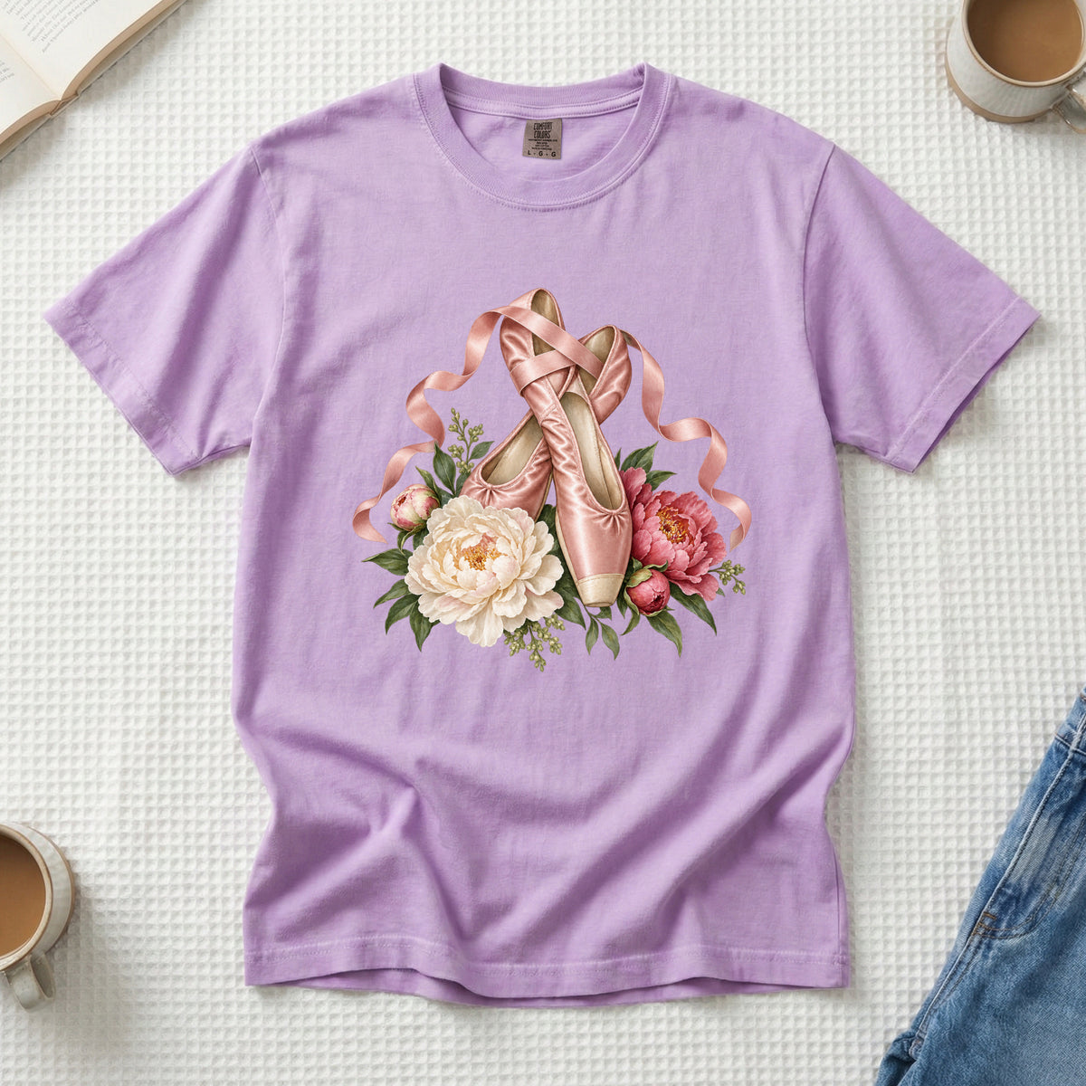 Ballet Pointe Shoes & Peonies T-Shirt in Orchid — soft lilac ballet tee with rose peonies