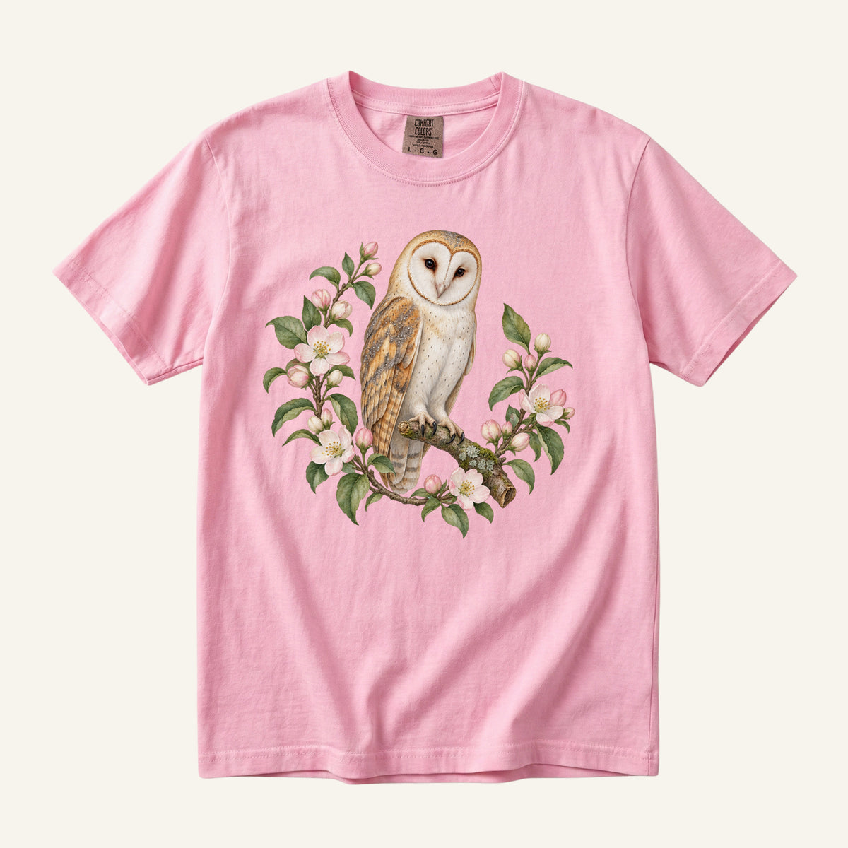 Barn Owl T-Shirt in Blossom — pale barn owl among wildflowers, owl lover gift tee