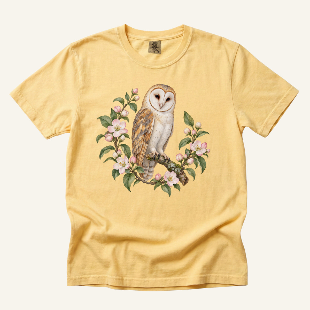 Barn Owl T-Shirt in Butter — barn owl and floral design, sizes S to 4XL