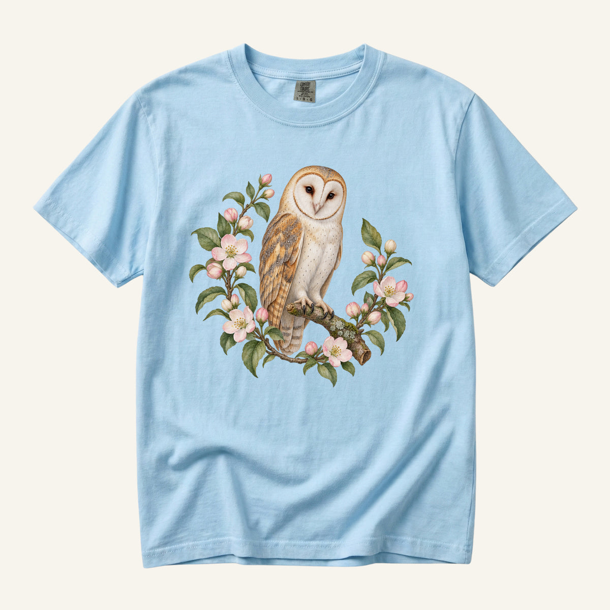 Barn Owl T-Shirt in Chambray — botanical barn owl watercolor artwork, centered front print