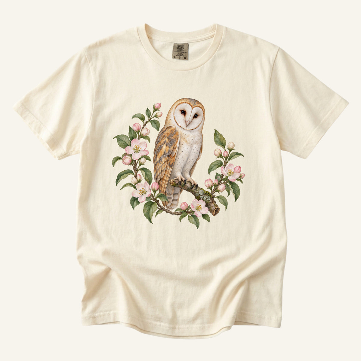 Barn Owl T-Shirt in Ivory — heart-faced barn owl botanical tee, made to order in the USA