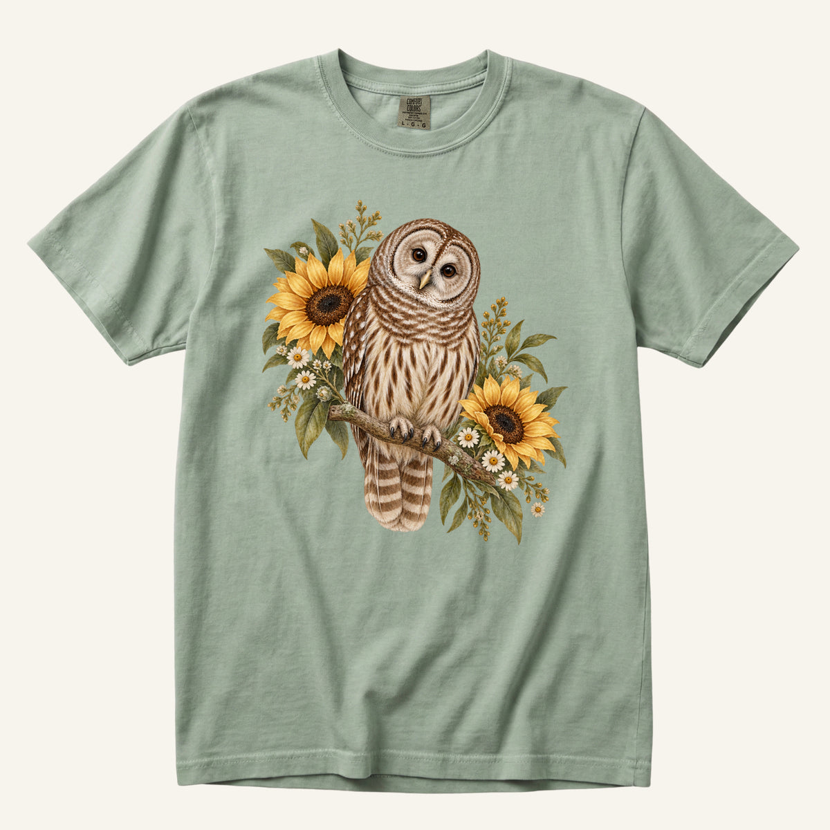 Barred Owl & Sunflower T-Shirt in Bay — botanical barred owl and sunflower watercolor, front print