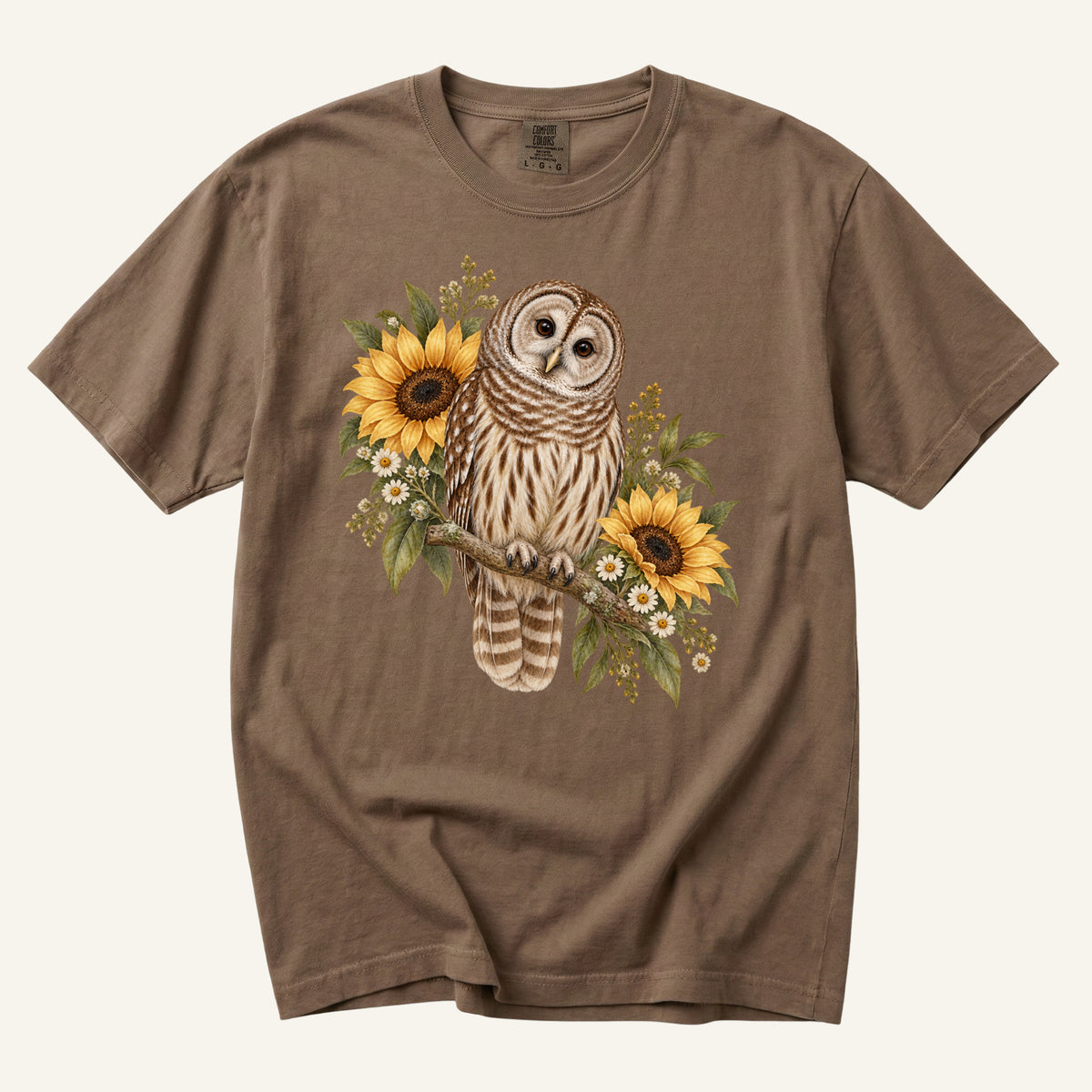 Barred Owl & Sunflower T-Shirt in Espresso — dark-eyed barred owl with sunflower heads