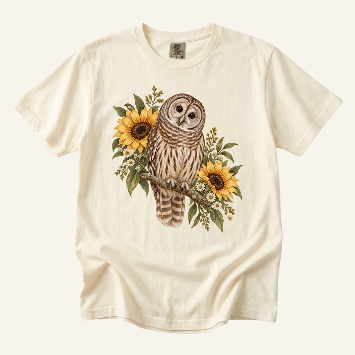 Barred Owl & Sunflower T-Shirt in Ivory — brown-barred owl with yellow sunflowers