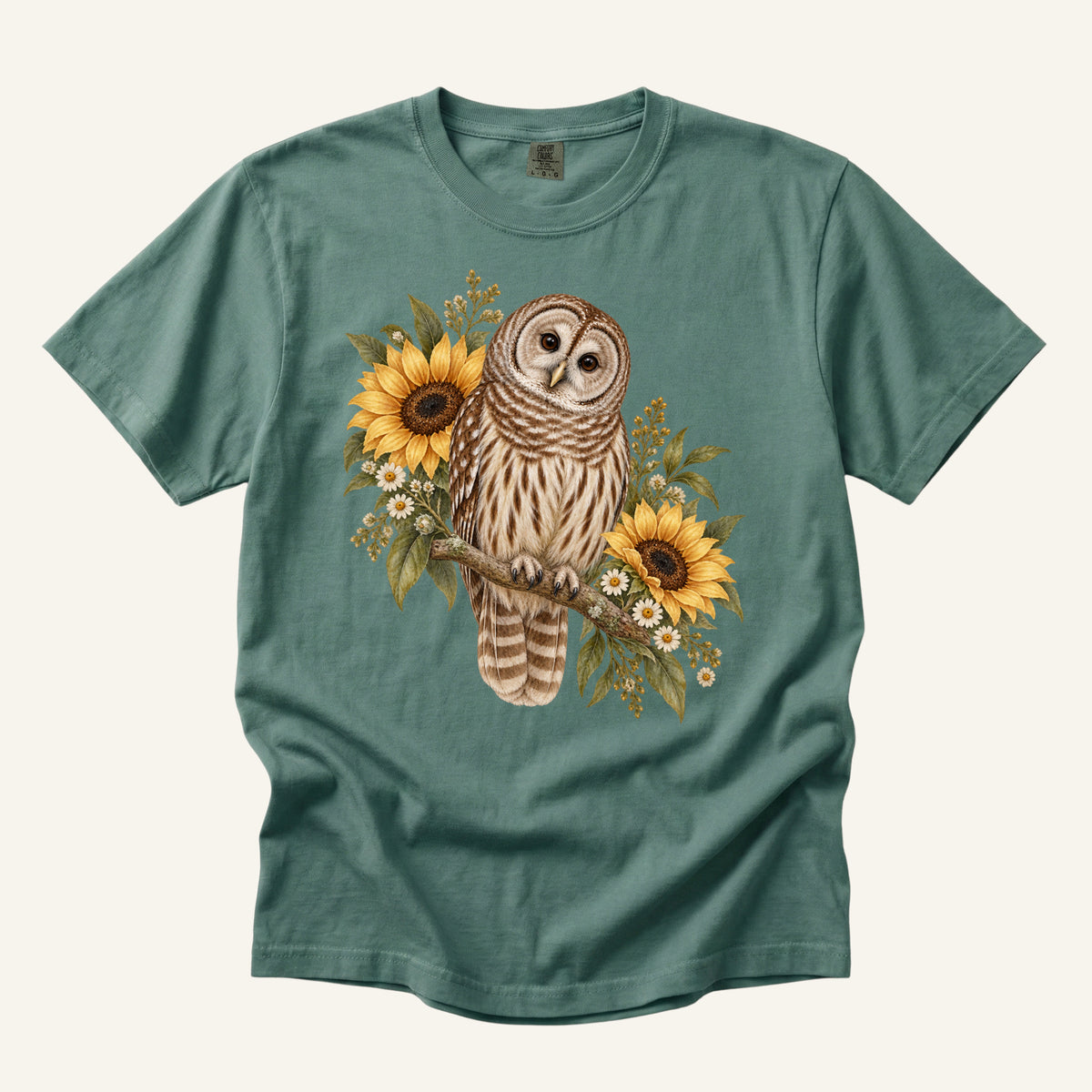 Barred Owl & Sunflower T-Shirt in Light Green — owl lover gift tee on heavyweight cotton