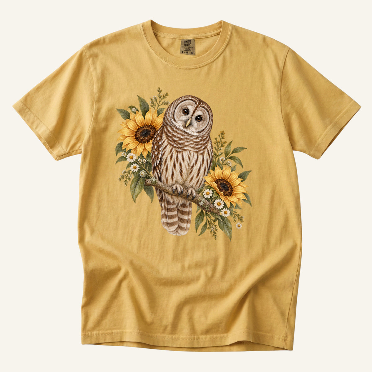 Barred Owl & Sunflower T-Shirt in Mustard — barred owl and sunflower design, sizes S to 4XL