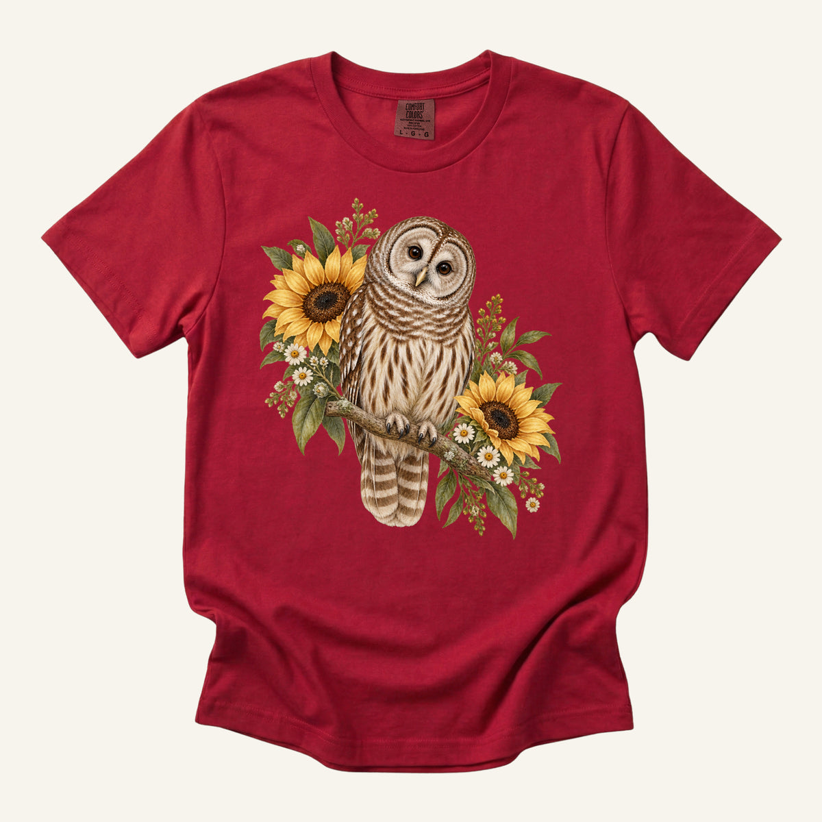Barred Owl & Sunflower T-Shirt in Red — a barred owl among sunflowers on garment-dyed cotton