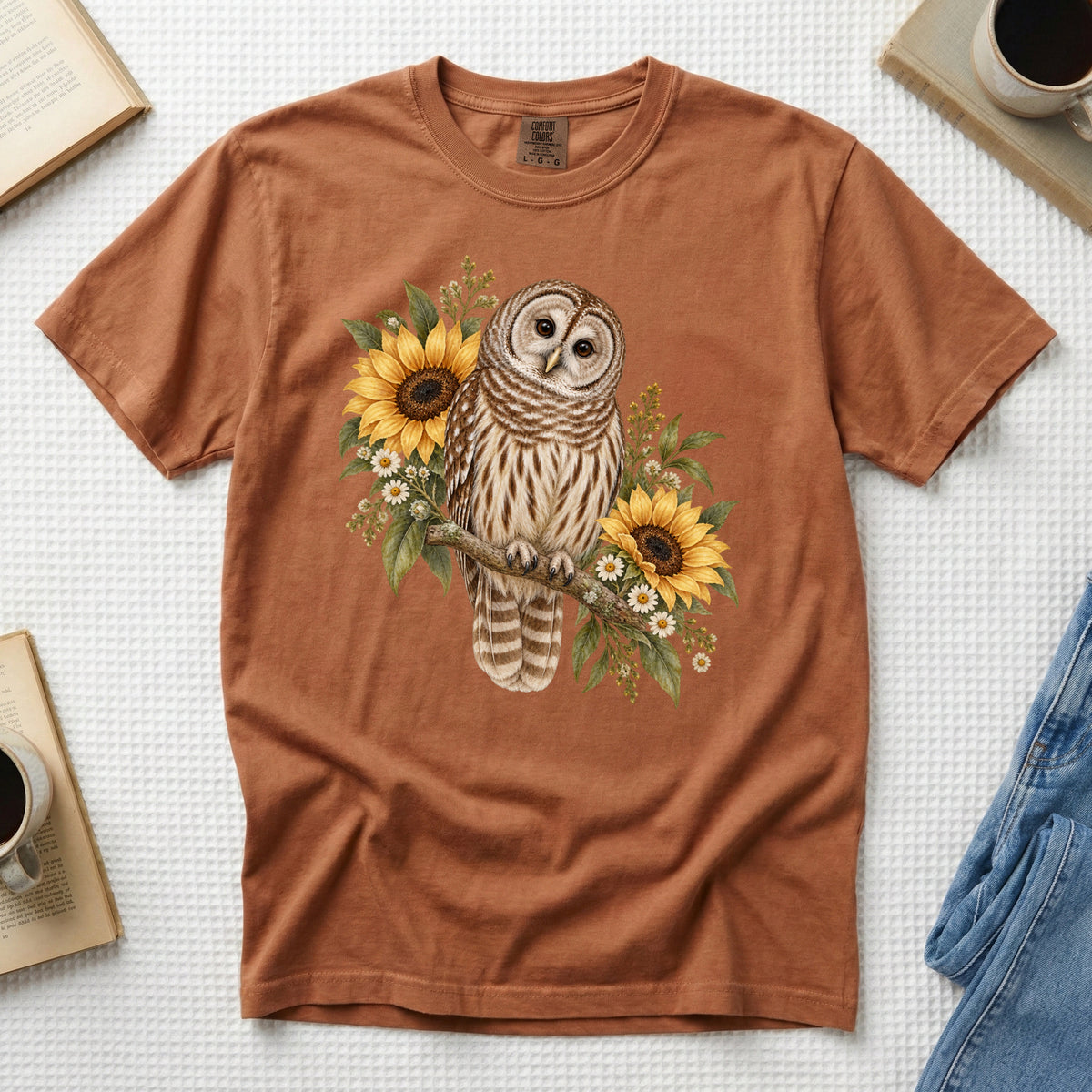 Barred Owl & Sunflower T-Shirt in Yam — barred owl among sunflowers, made to order in the USA