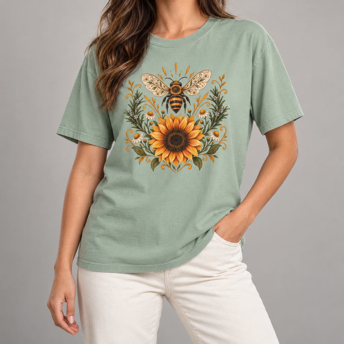 Bee & Sunflower Crest T-Shirt — Garment-Dyed Cotton