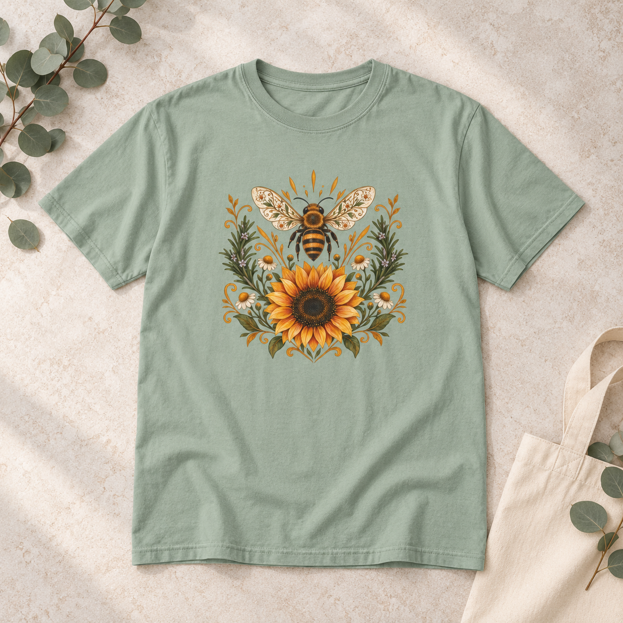 Bee & Sunflower Crest T-Shirt — Garment-Dyed Cotton