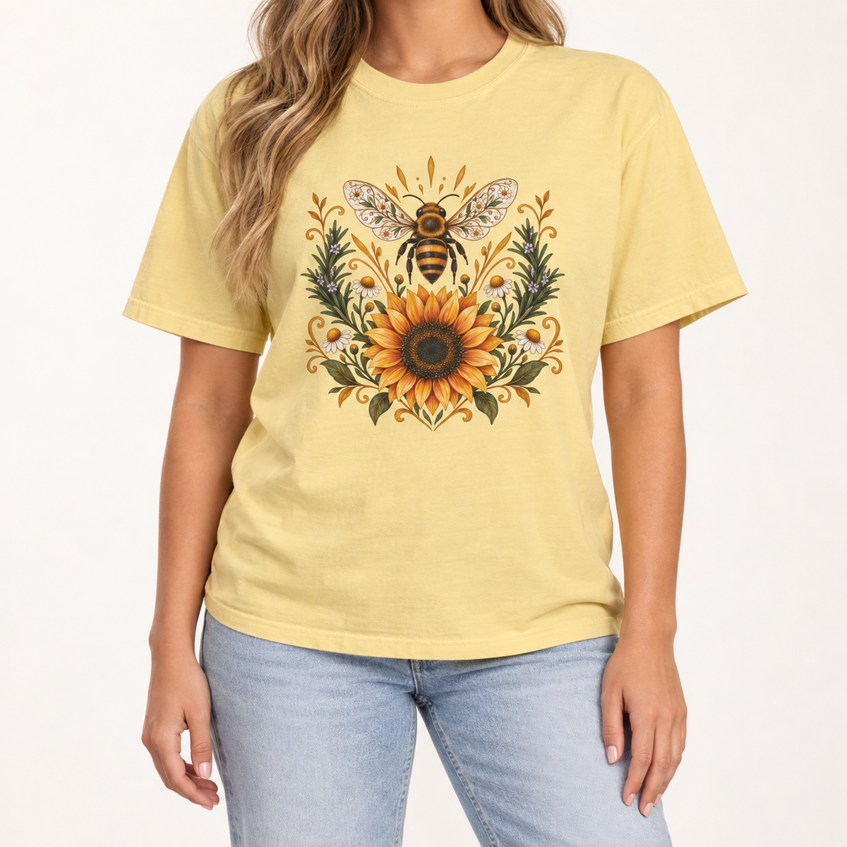 Bee & Sunflower Crest T-Shirt — Garment-Dyed Cotton