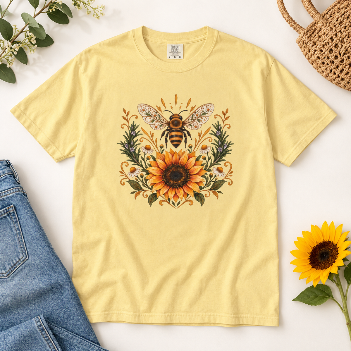 Bee & Sunflower Crest T-Shirt — Garment-Dyed Cotton