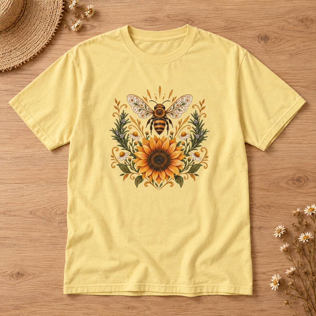 Bee & Sunflower Crest T-Shirt — Garment-Dyed Cotton