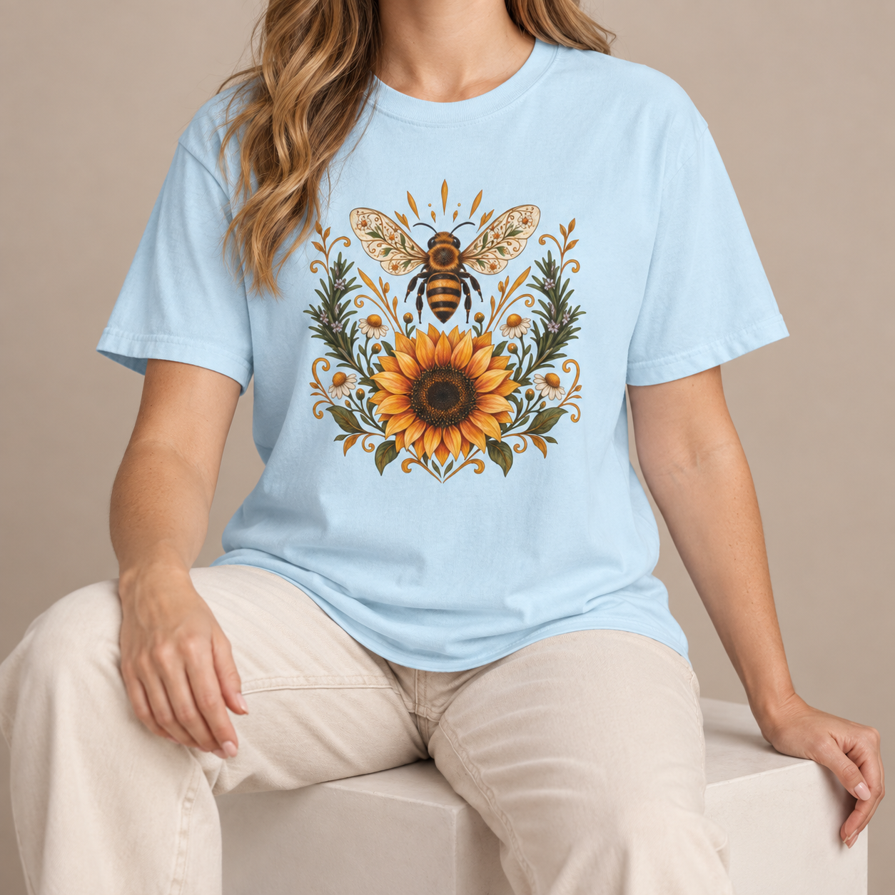 Bee & Sunflower Crest T-Shirt — Garment-Dyed Cotton