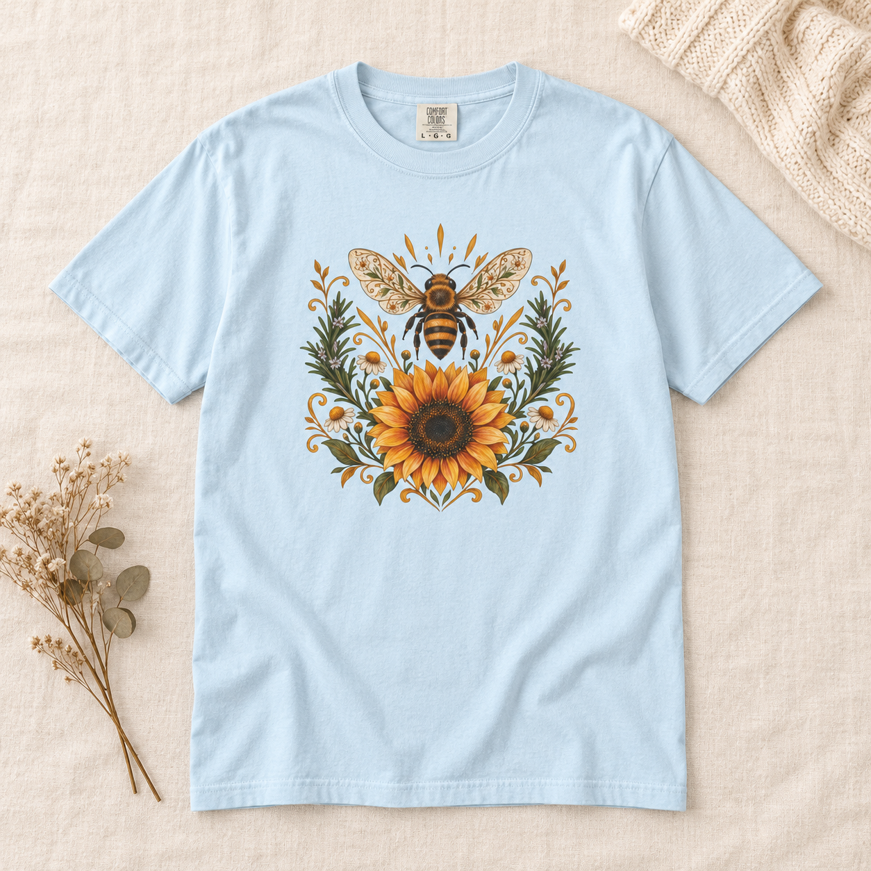 Bee & Sunflower Crest T-Shirt — Garment-Dyed Cotton