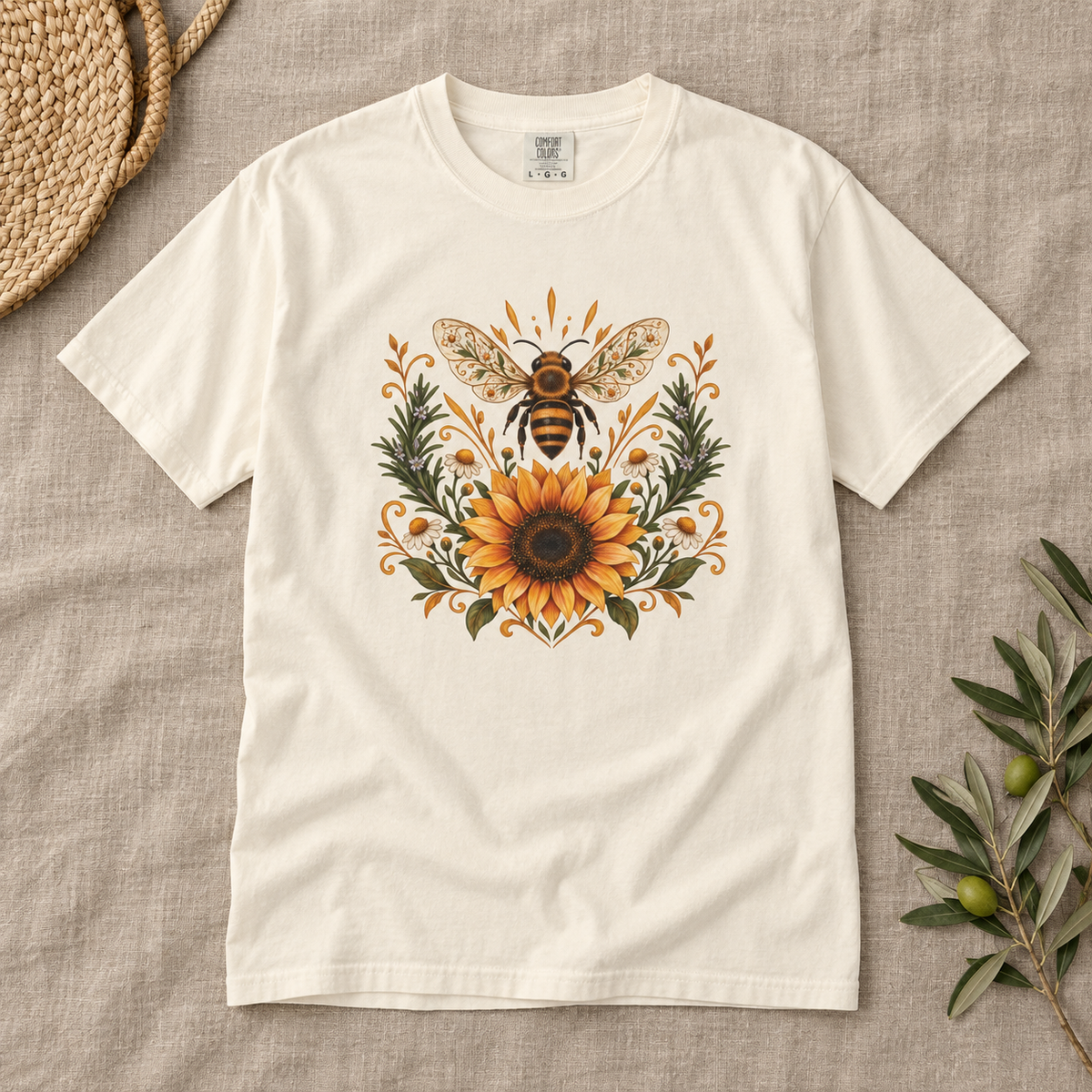 Bee & Sunflower Crest T-Shirt — Garment-Dyed Cotton