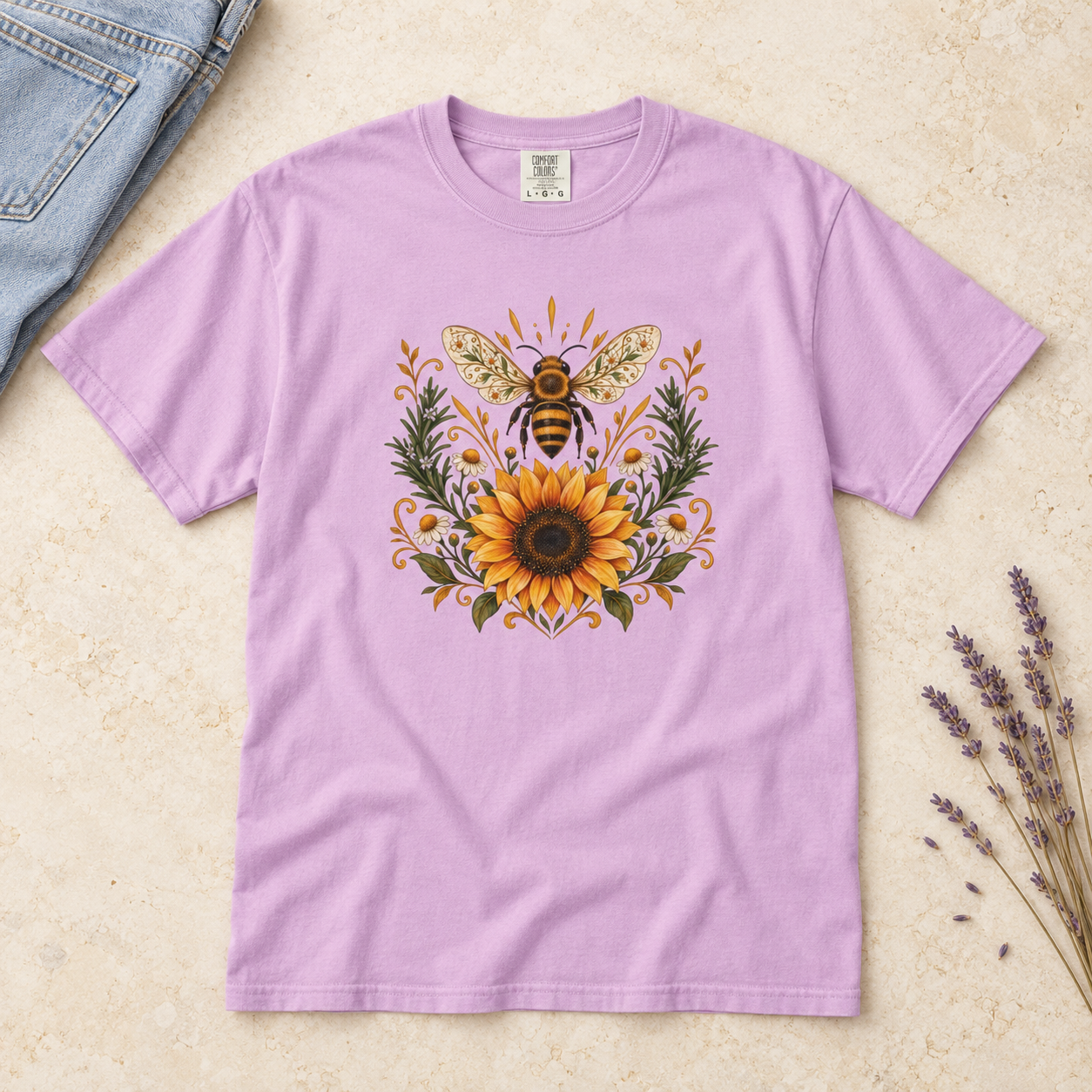 Bee & Sunflower Crest T-Shirt — Garment-Dyed Cotton