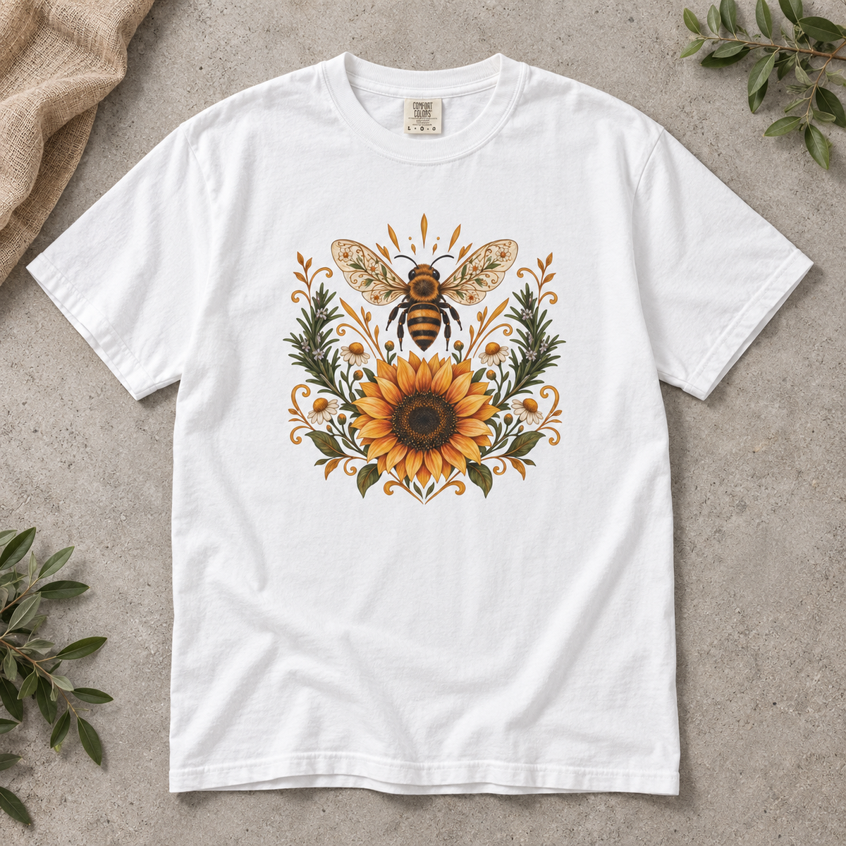 Bee & Sunflower Crest T-Shirt — Garment-Dyed Cotton