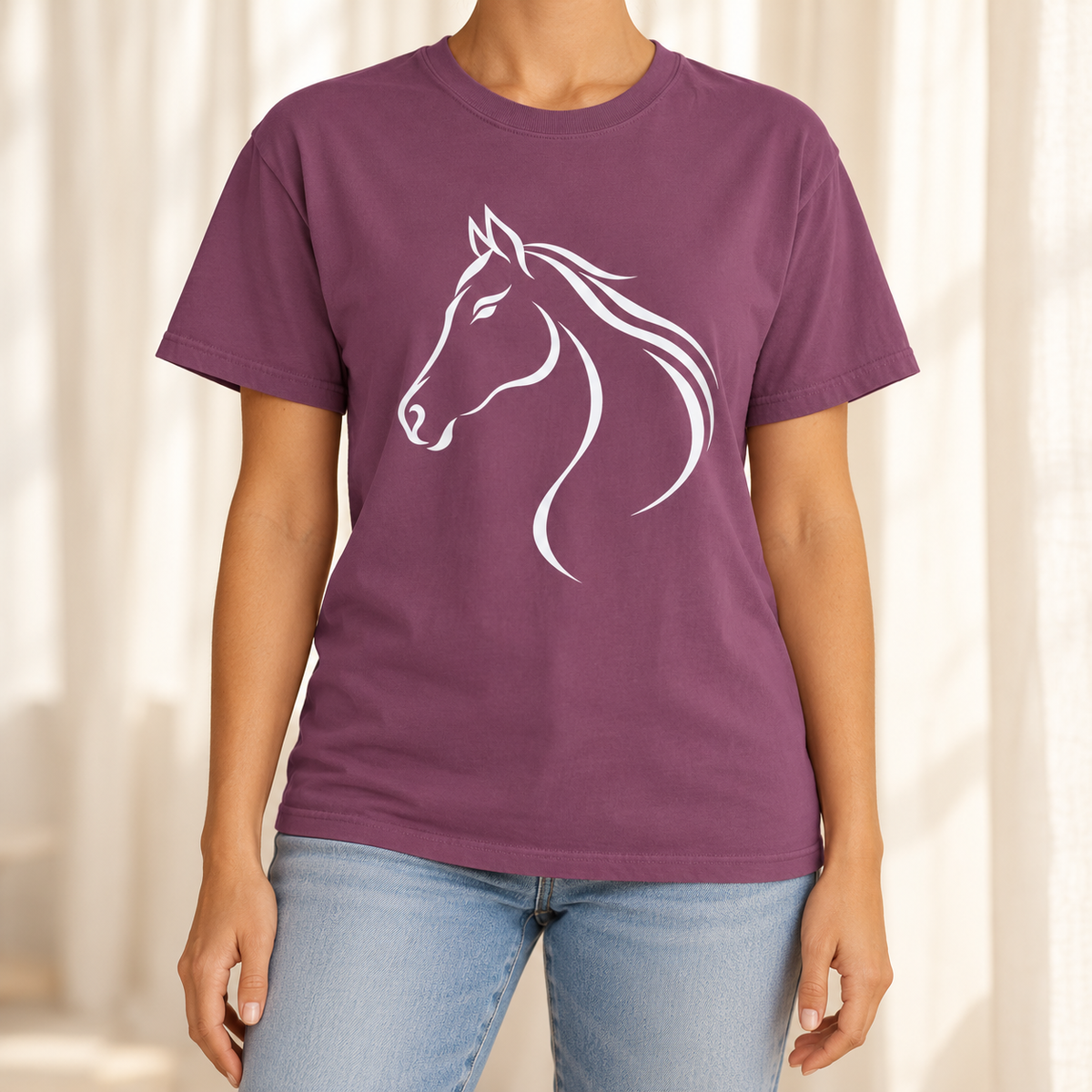 Flowing White Horse Profile T-Shirt in Berry - white line-art horse head on a washed plum garment-dyed tee
