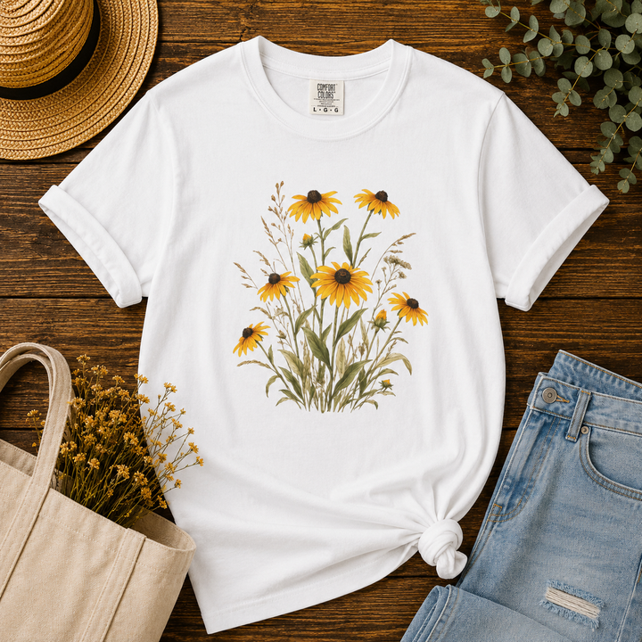Black-Eyed Susans tee in White — a tall stand of golden black-eyed Susans rising through meadow grasses in soft watercolor on garment-dyed cotton