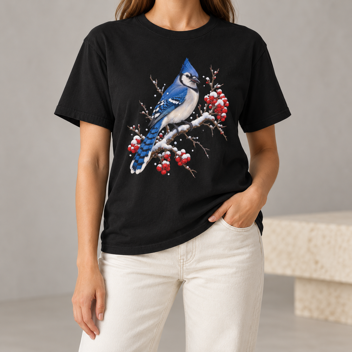 Blue jay winterberry t-shirt in Black – blue jay bird, white snow and red berries at full contrast on a garment-dyed black cotton tee