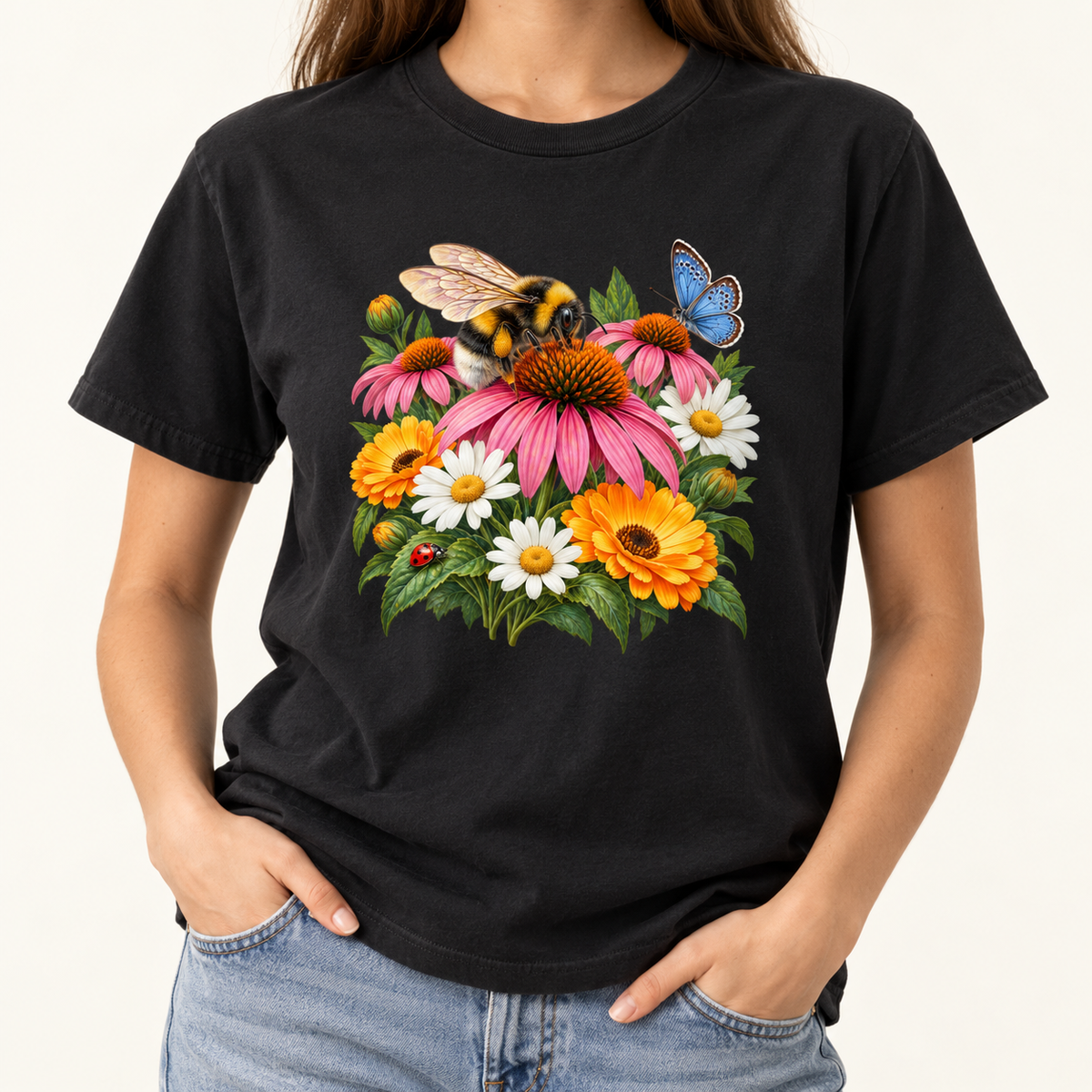 The Black Pollinator Garden tee worn, showing the bumblebee and coneflower print centered on the chest