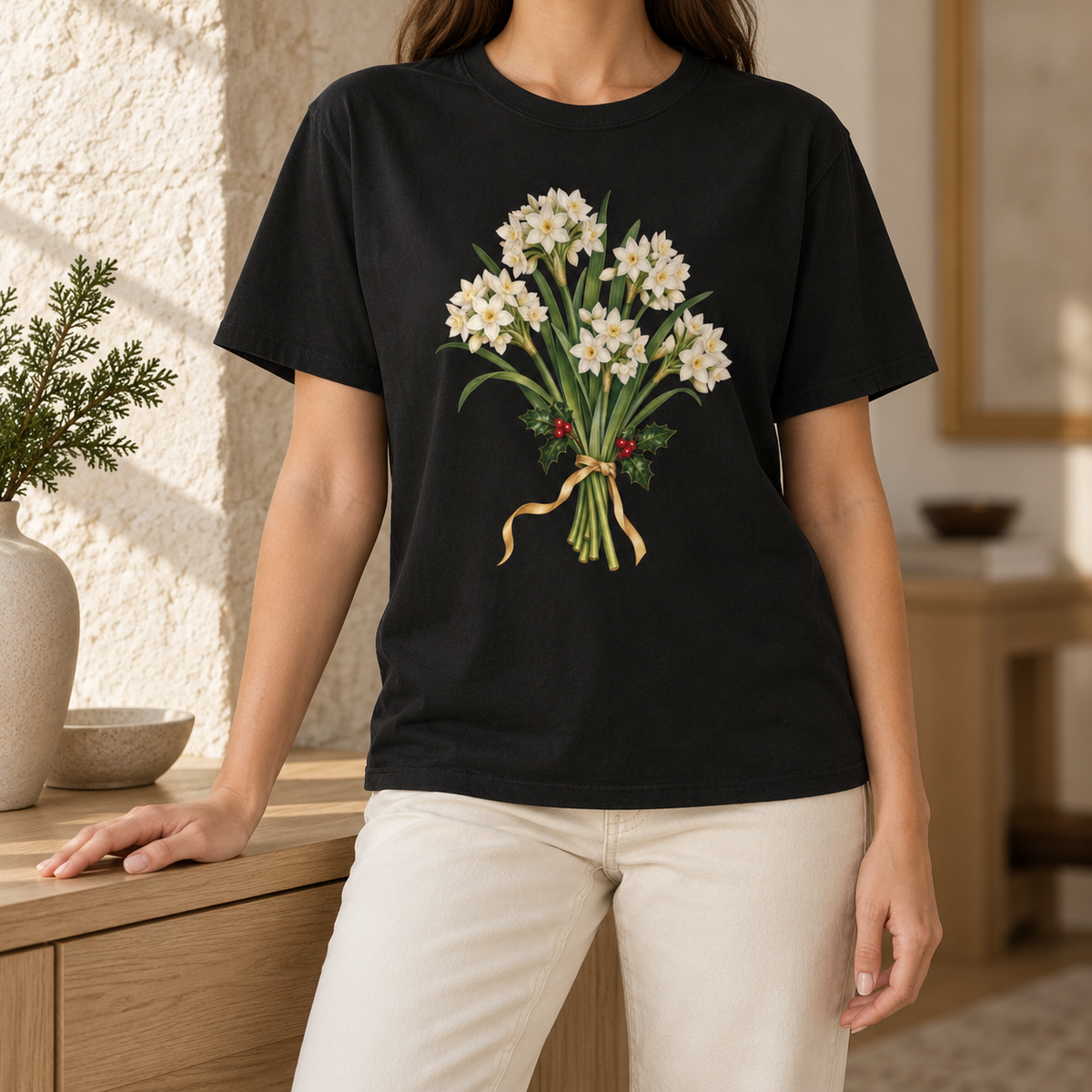 December birth flower t-shirt in Black – paperwhite narcissus and holly bouquet at full contrast on a garment-dyed Comfort Colors 1717 tee