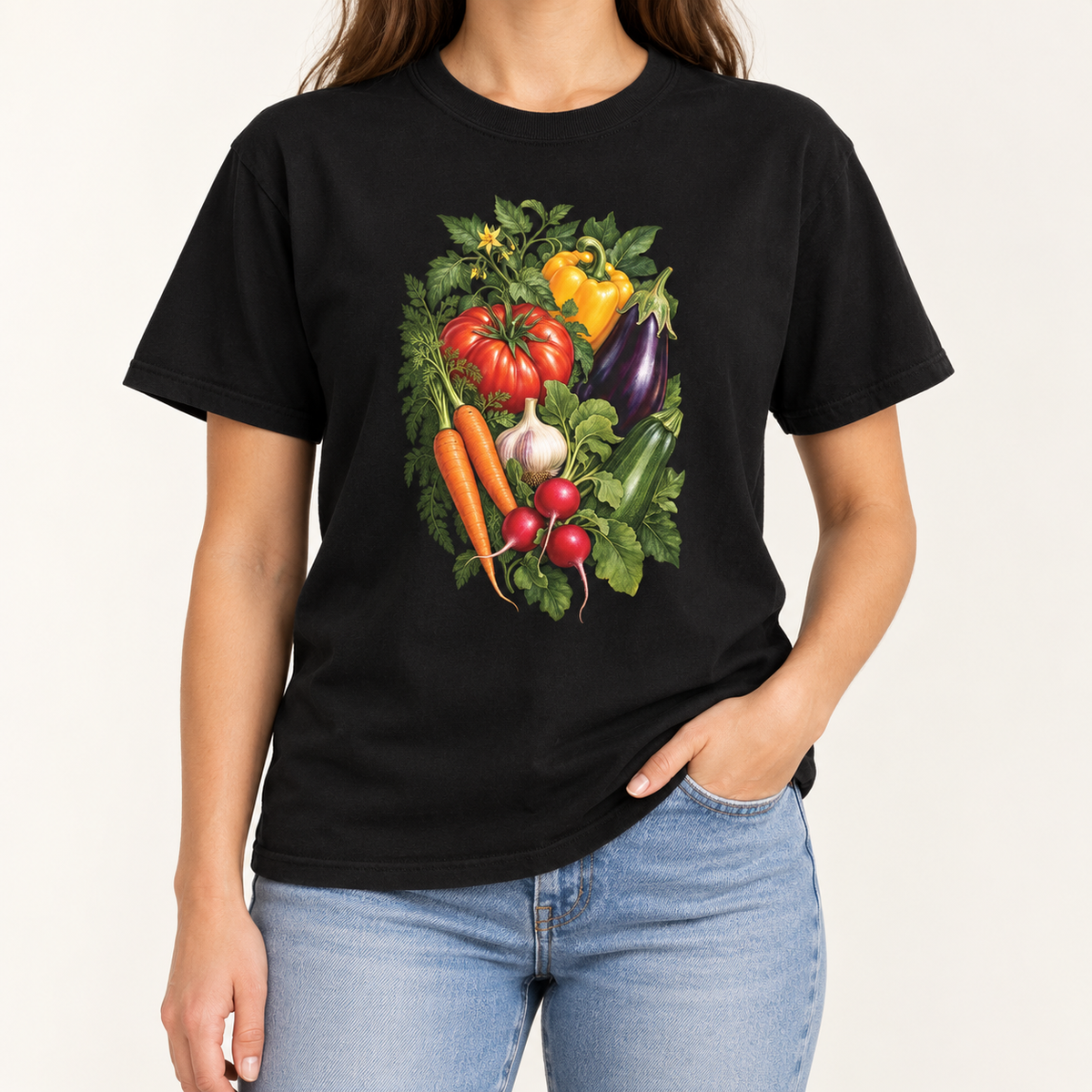 Kitchen garden harvest T-shirt in Black – tomatoes, peppers, carrots, eggplant, radishes and garlic in a botanical bouquet, printed large on the chest of a Comfort Colors tee