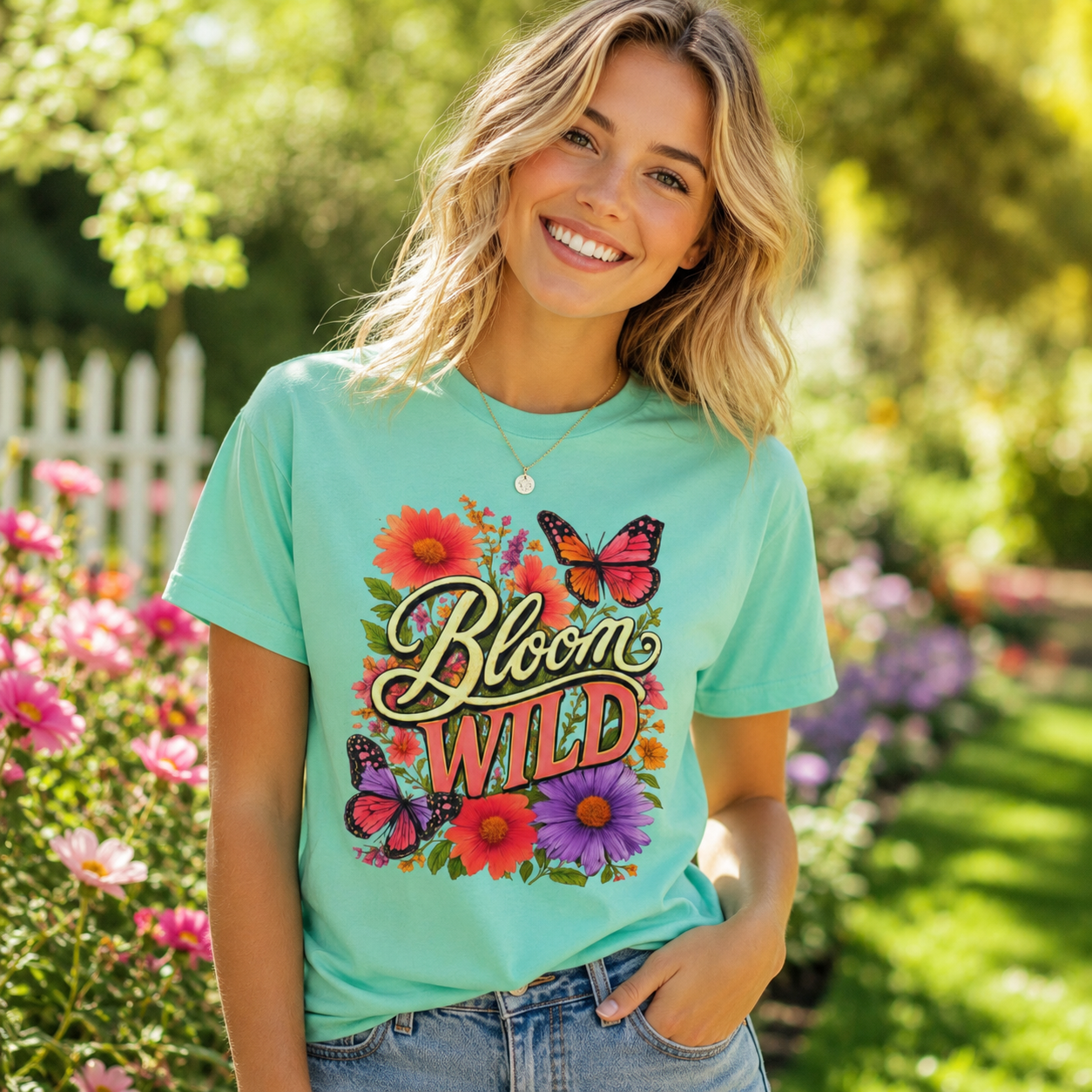 Bloom Wild vibrant floral shirt on model